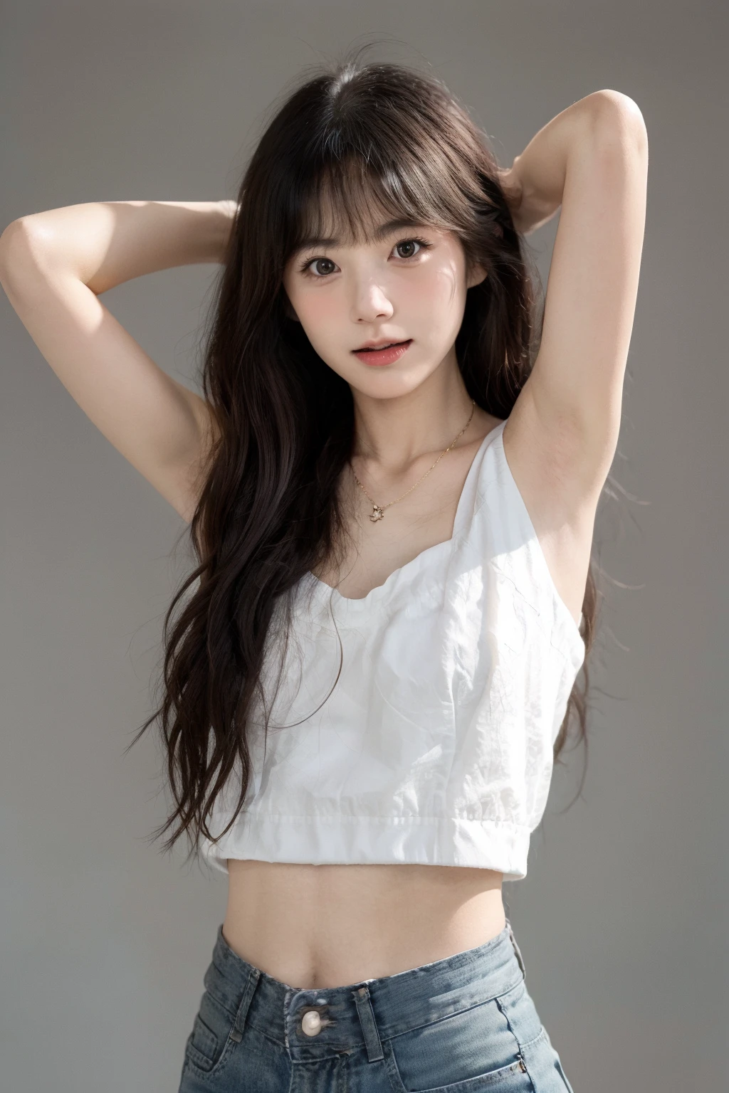 1girl, cowboy shot, armpits,simple background, grey background, medium breasts, blush,necklace, feet out of frame,
<lora:ppsn_adamW-000008:0.72>