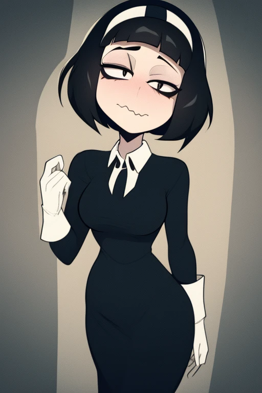 Susie, short hair, bags under eyes, right eye half closed:1:1, left eye open1:1, grey skin, wavy mouth, black eyeliner,  black eyes,  solo  
SuDr, black dress with white collar, long sleeves, long white gloves, tight,  black hairband, standing, upper body, 
cemetery,  nighttime, cloudy,  toon \(style\), 
(insanely detailed, beautiful detailed face, masterpiece, best quality) 
 <lora:Susie-10v3:0.8>