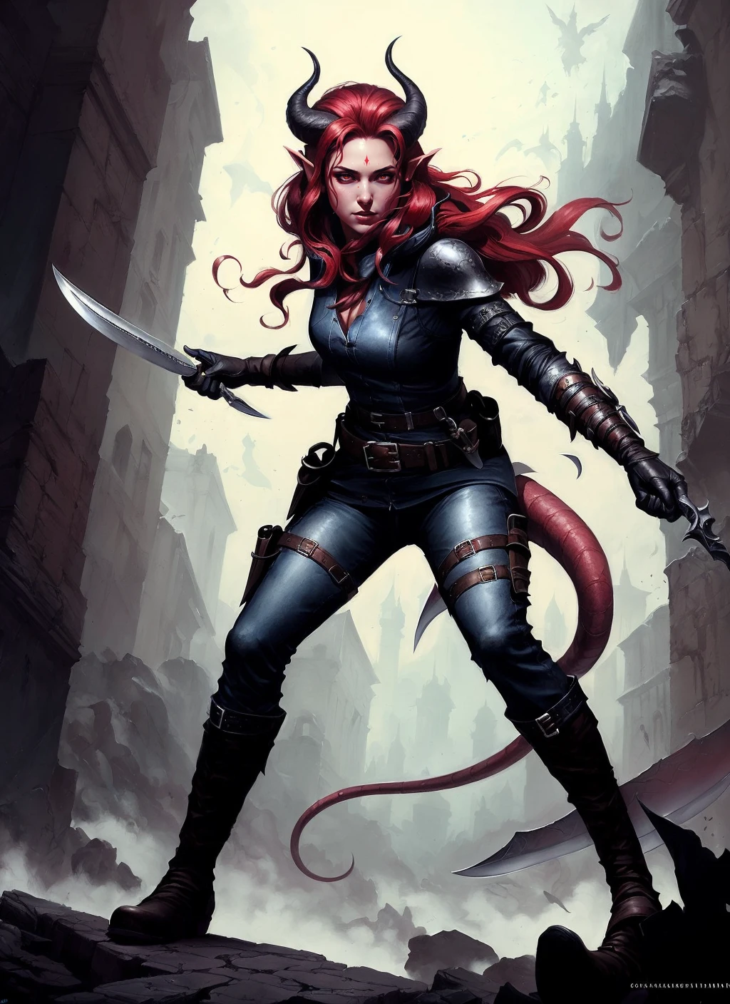 Tiefling, female, solo, horns, tail, weapon, red hair, knife, red eyes, boots, pointy ears, armor, long hair, demon girl, dagger, belt, gloves
, ((masterpiece, best quality)), art by greg rutkowski <lora:tiefling_offset:1>