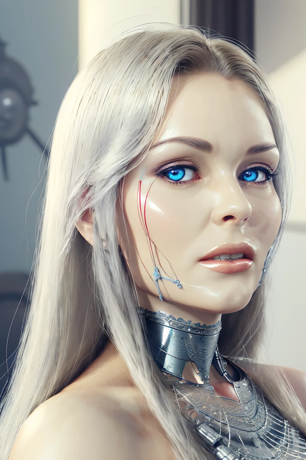 A realistic full-length photograph of (NikkiAndersonQuiron woman) , Dappled Light, beautiful eyes, eyes detailed, best quality, high quality,well defined pupils,
Complex 3d render ultra detailed of a beautiful android face, cyborg, robotic parts, 150 mm, beautiful studio soft light, rim light, vibrant details, luxurious cyberpunk, lace, hyperrealistic, anatomical, facial muscles, cable electric wires, microchip, elegant, beautiful background, octane render, 8k, best quality, masterpiece, illustration, an extremely delicate and beautiful, extremely detailed ,CG ,unity ,wallpaper, (realistic, photo-realistic:1.37),Amazing, finely detail, masterpiece,best quality,official art, extremely detailed CG unity 8k wallpaper, absurdres, incredibly absurdres,robot, silver hair, ((full body:1.2)), sitting,
<lora:quiron_NikkiAnderson_v7_Lora:0.97>