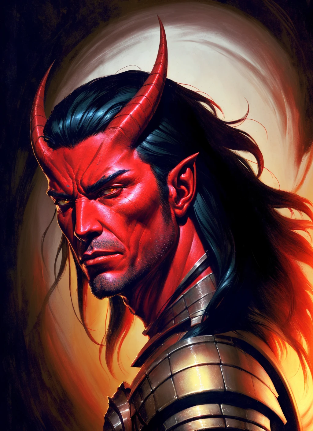 Tiefling, male, horns, male focus, solo, colored skin, red skin, armor, tail, shoulder armor, pauldrons, portrait, closed mouth, black hair, demon, black background, long hair
, ((masterpiece, best quality)), art by greg rutkowski <lora:tiefling_offset:1>