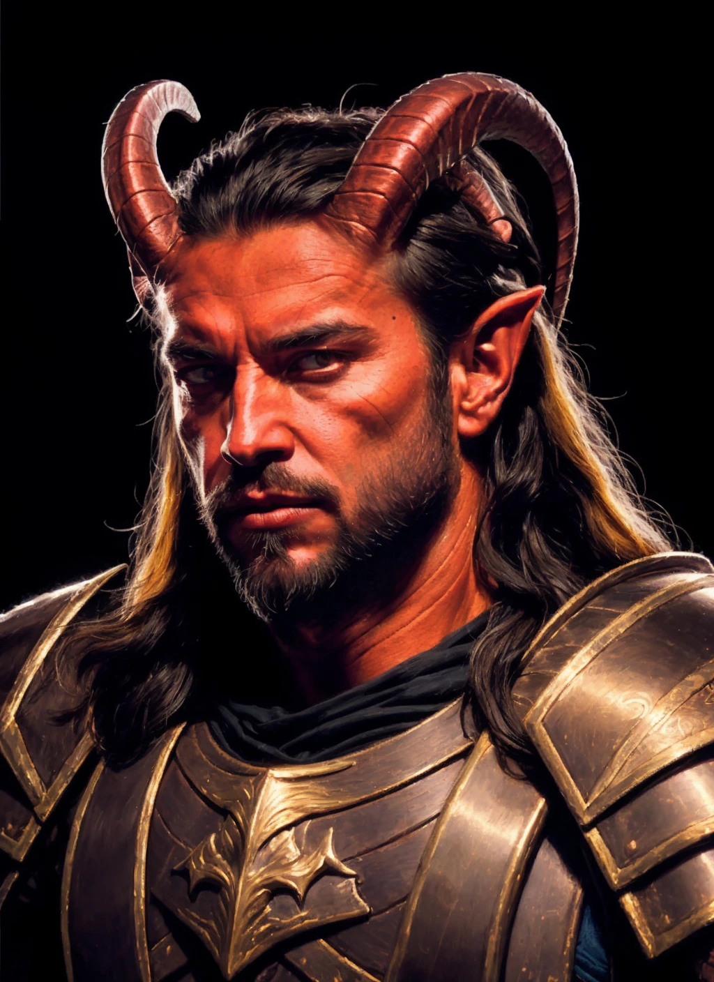 Tiefling, male, horns, male focus, solo, colored skin, red skin, armor, tail, shoulder armor, pauldrons, portrait, closed mouth, black hair, demon, black background, long hair, short beard
, ((masterpiece, best quality)), raw photo, 4k hdr, (photorealistic:1.4) <lora:tiefling_offset:1>