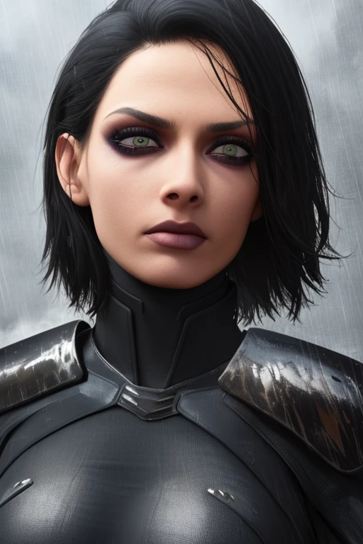 Trilla, short hair, green eyes, eye bags, eye shadow, looking at viewer, serious,
upper body, close up,
TriArmor,cape,,armor,black gloves,tight bodysuit,black footwear,black cape,black pants,
raining,metal platform,night, realistic,
(insanely detailed, beautiful detailed face, masterpiece, best quality),<lora:Trilla:0.7>,