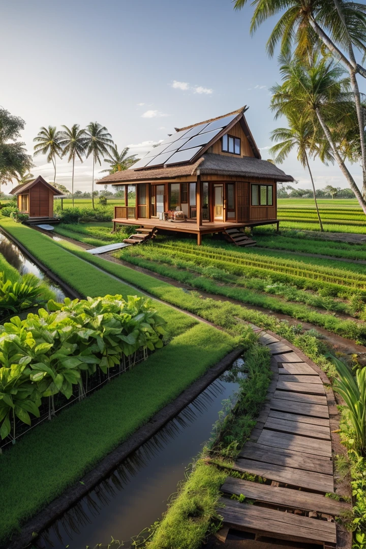 outdoortropicalhouse  little house  on riverside, path wooden, garden, rice field, gold fish, coconut tree, solar panel, dawn, chicken, tomato, tropical, dim light, <lora:ARWOutdoorTropicalHouse:1>