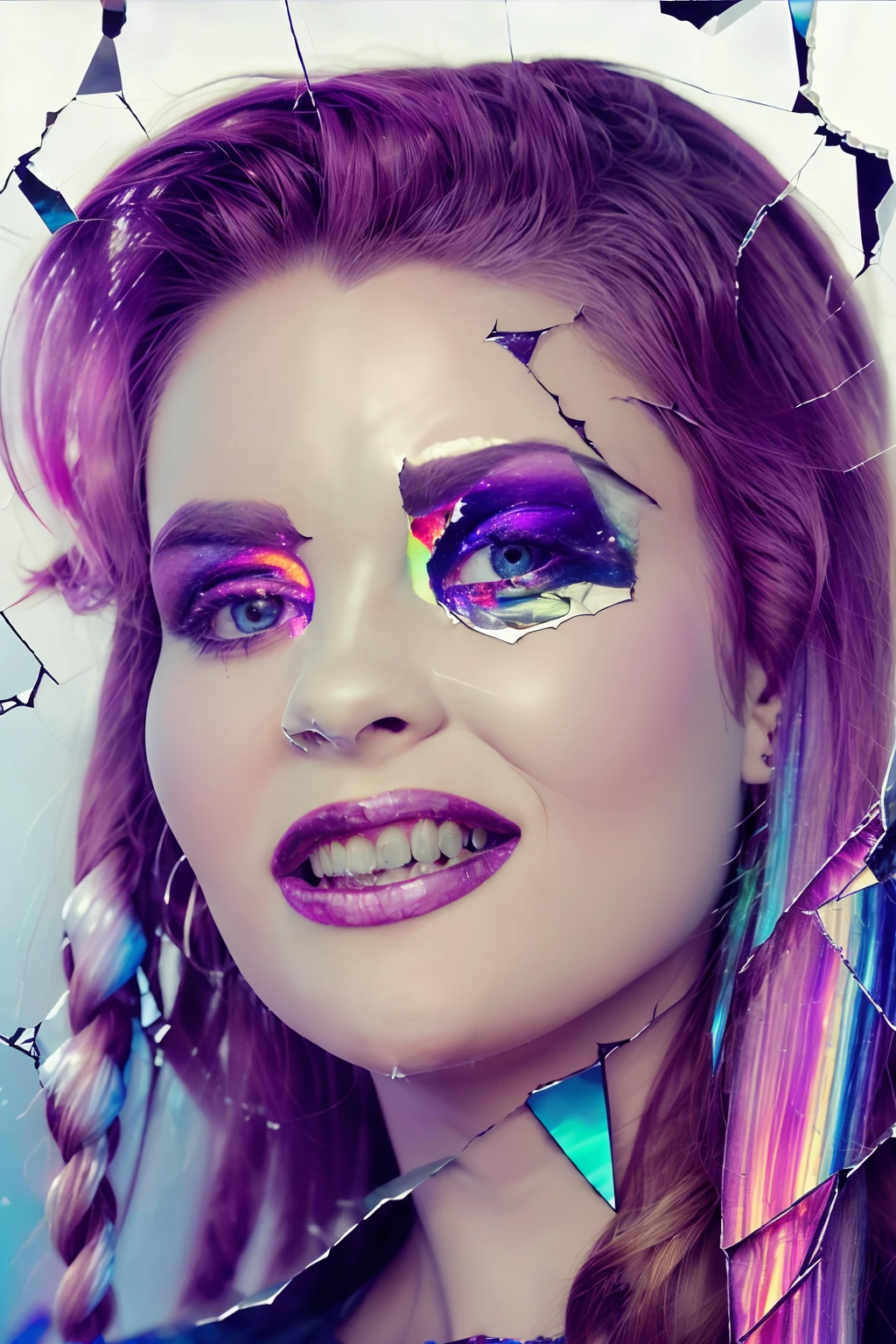 A realistic full-length photograph of (NikkiAndersonQuiron woman) , perfect teeth,
(masterpiece, best quality : 1.2), portrait of woman, shattered mind, shattered reflection, chromatic aberration, 3d anaglyph, (cracked glass:1.1), prismatic colors, galaxy, reflections, cracked skin
<lora:quiron_NikkiAnderson_v7_Lora:0.95>