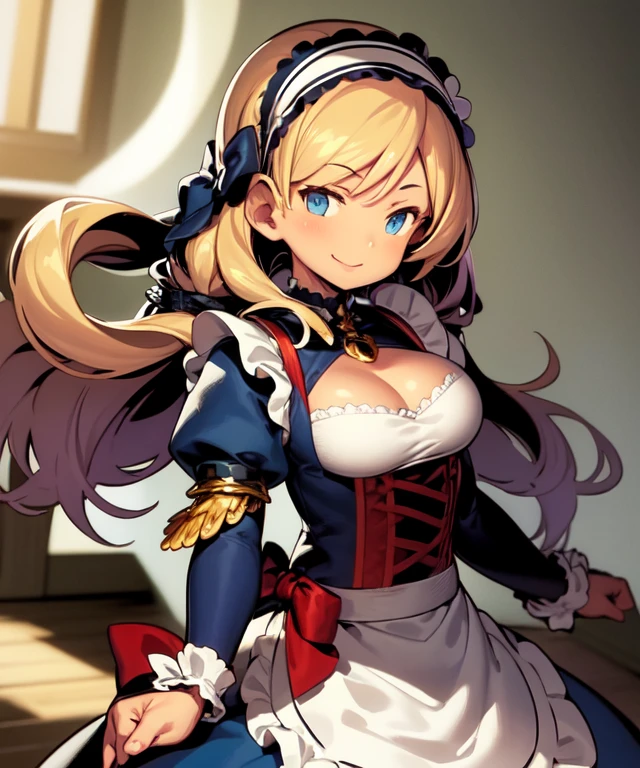 <lyco:himukai_yuuji-NAI-LyCORIS:0.9>, 1girl, solo, upper body, long blonde hair, blue eyes, blue dress, white frilly apron, red hairband, detached cuffs, smile