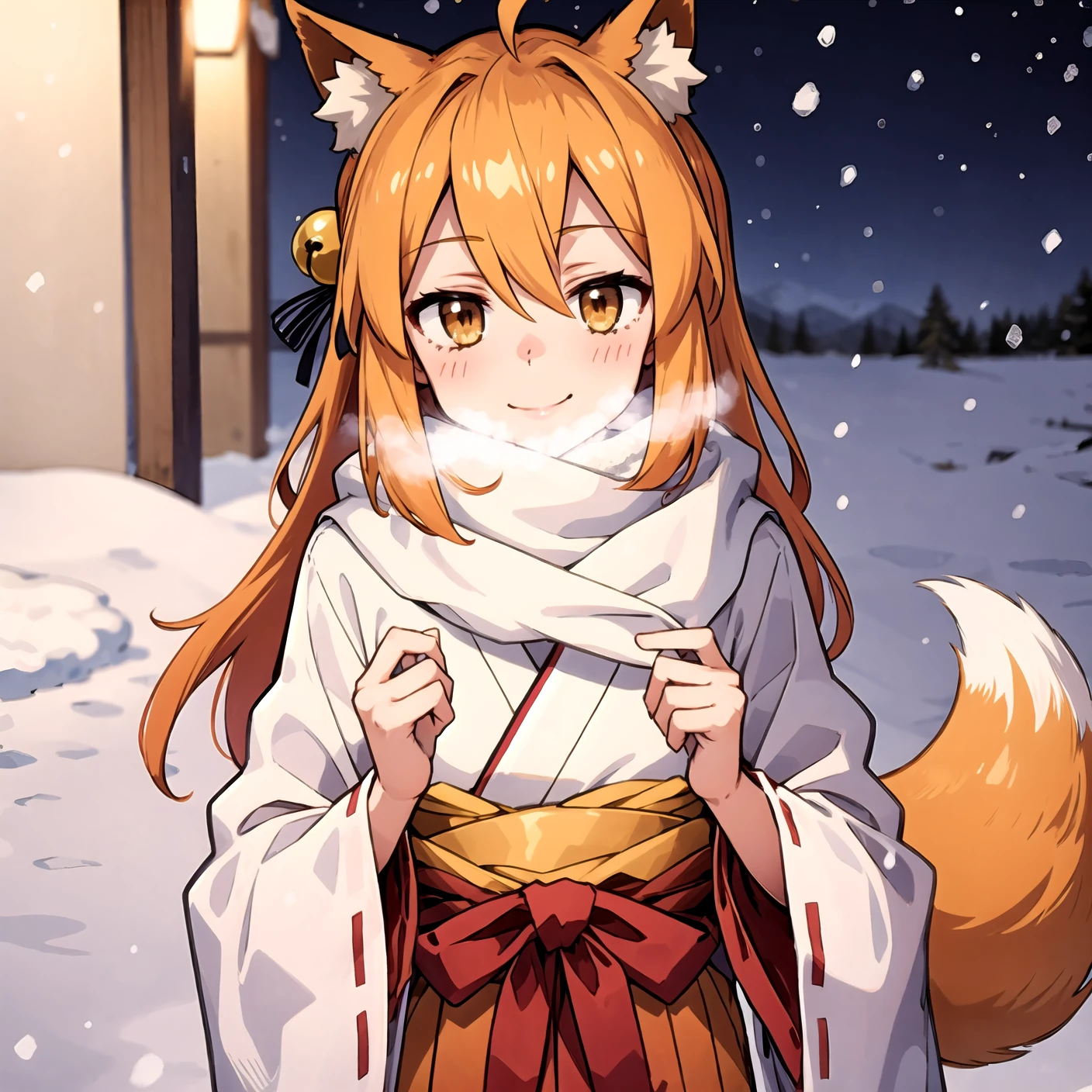 Masterpiece, best quality, perfect lighting, 1girl, solo, suzu, fox ears, fox tail, brown eyes, orange hair, yellow miko kimono, bell hair ornament, medium hair, ahoge, hair between eyes, standing, smile, winter, snow, nighttime, snowing, looking at viewer, (cold breath:1.4), (jitome:1), <lora:Suzu-10:0.6>, <lora:EyeControl_Jitome_v2:1>