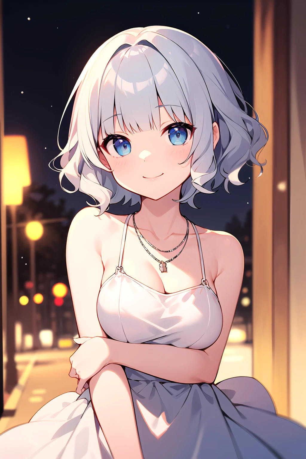 masterpiece, best quality, cute,
short hair, blue eyes, silver hair, wavy hair, blunt bangs, dress, medium breasts, smile, necklace, bare shoulders, 
depth of field, night, bokeh, street,