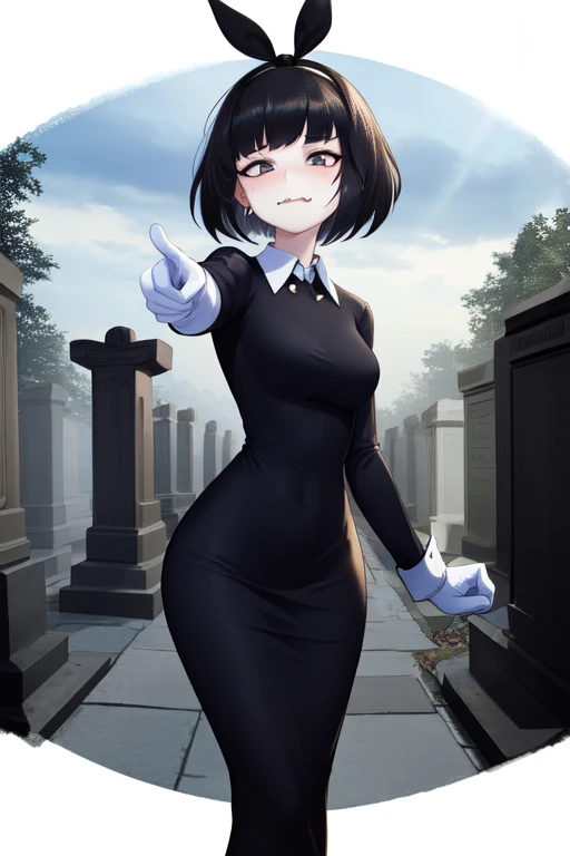 Susie, short hair, bags under eyes, right eye half closed:1:1, left eye open1:1, grey skin, wavy mouth, black eyeliner, pointing at viewer, solo
SuDr, tight long black dress with white collar, long sleeves, long white gloves, black hairband, standing,
toon \(style\), cemetery, nighttime, cloudy,
(insanely detailed, beautiful detailed face, masterpiece, best quality)
<lora:Susie-10v3:0.7>