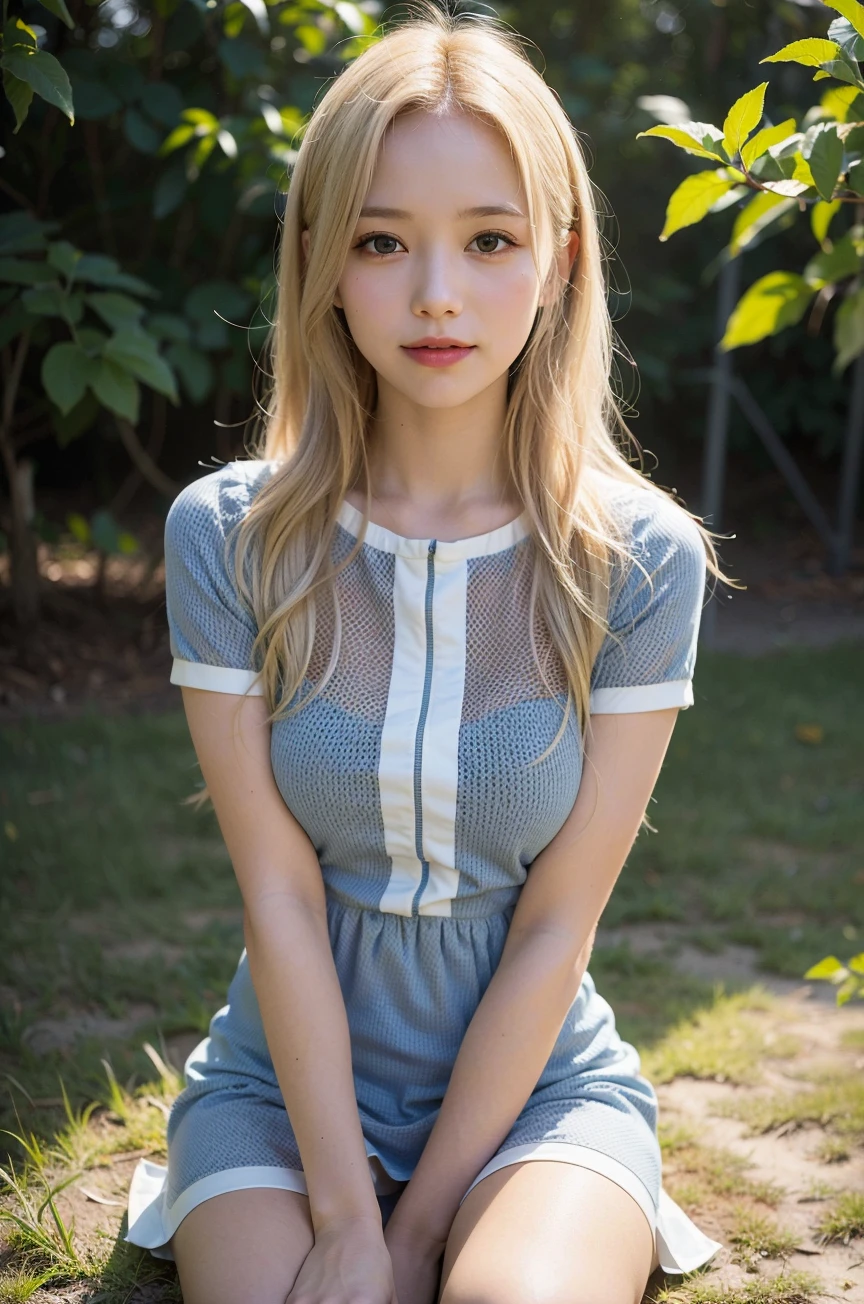 (best quality), (realistic, photo-realistic:1.3), masterpiece:1.2, an extremely delicate and beautiful, extremely detailed, CG, unity, 8k, amazing, finely detail, ultra-detailed, highres, absurdres, soft light, (((long blonde hair, bangs))), beautiful detailed girl, detailed fingers, extremely detailed eyes and face, beautiful detailed nose, beautiful detailed eyes, beautiful delicate glossy lips:0.9, (light on face), (looking at viewer), (closed mouth:1.2), 1girl, cute, ((thigh:1.5)), ((innocent face)),young,(((Chiffon Lolita Mesh short Sleeve Mini Dress))), (medium breasts), realistic face, realistic body, Film Grain:0.6, Ray tracing:0.6, Dynamic Range:0.3, median:0.4, (semi smile:1.3)