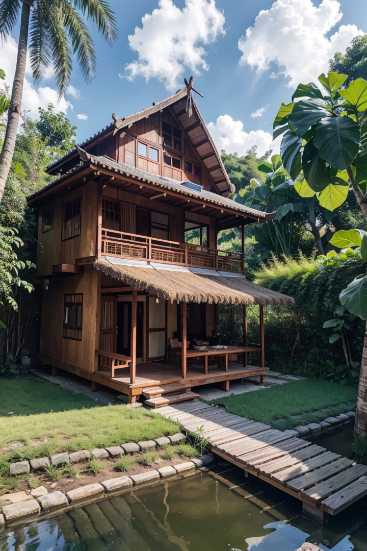 outdoortropicalhouse  little house  on riverside, path wooden, garden, rice field, gold fish, coconut tree, solar panel, dawn, chicken, tomato, tropical, dim light, <lora:ARWOutdoorTropicalHouse:1>