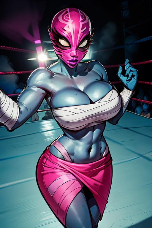 Tostada, blue skin, light pink mask,no pupils, barefoot, dark pink lips,  standing, upper body,   posing, 
Tsuit,bandages, pink Sarong Skirt, sarashi, cleavage, toned,
underworld, wrestling ring,  
(insanely detailed, beautiful detailed face, masterpiece, best quality) <lora:Tostada-10v2:0.7>