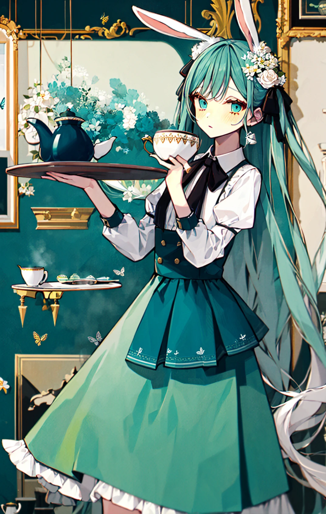 1girl, animal, animal_ears, aqua_skirt, bangs, black_neckwear, black_ribbon, blue_butterfly, blue_eyes, blue_skirt, blush, bug, bunny, butterfly, coffee, cup, disposable_cup, drink, eyebrows_visible_through_hair, flower, frilled_skirt, frills, green_skirt, hair_flower, hair_ornament, hair_ribbon, holding, holding_cup, holding_plate, holding_saucer, holding_tray, long_hair, long_sleeves, looking_at_viewer, mug, neck_ribbon, plate, puffy_long_sleeves, puffy_sleeves, rabbit_ears, ribbon, saucer, shirt, sidelocks, skirt, solo, spoon, standing, steam, striped, sugar_cube, tea, tea_set, teacup, teapot, tray, very_long_hair, white_butterfly, white_flower, white_shirt <lora:style_Akakura:1>