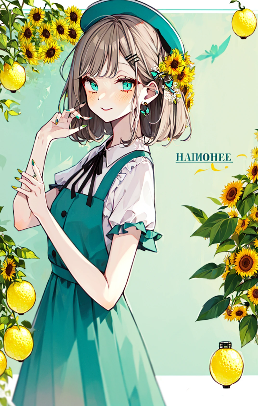 1girl, aqua_eyes, bangs, black_ribbon, blue_butterfly, blurry, blush, braid, brown_hair, bug, butterfly, chinese_clothes, double_bun, earrings, eyebrows_visible_through_hair, fingernails, floral_print, flower, frills, grey_hair, hair_ornament, hairclip, hand_fan, hand_up, hat, jewelry, lantern, leaf, lemon, lemon_slice, long_hair, looking_at_viewer, multicolored_nails, nail_polish, neck_ribbon, orange_nails, parted_lips, plant, ribbon, shirt, short_sleeves, smile, solo, sunflower, tassel, upper_body, white_shirt, yellow_flower, yellow_nails <lora:style_Akakura:1>