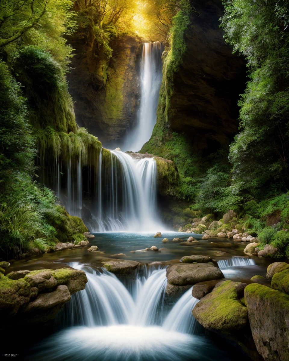 Hyper detailed photograph of a roaring waterfall, capturing the cascading water, intricate rock formations, and the power and beauty of nature., award winning realistic photograph by the world best landscape photographer, vivid fantasy colours, nikon, award winning, breathtaking, groundbreaking, superb, outstanding, lensculture landscape awards, photoshopped, dramatic lighting, 8 k, hi res