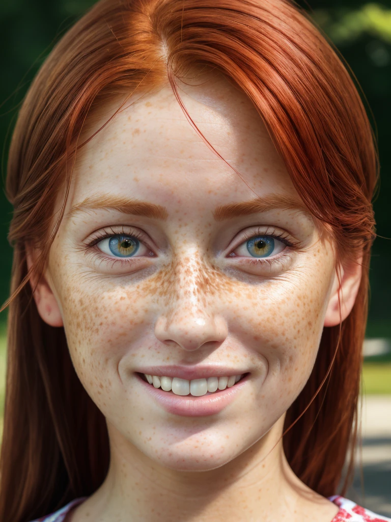 (realistic:1.1), professional photo, best quality, middle aged woman with (freckled face:0.8), (pretty face:1.1), detailed eyes, (2tn eyes:1.2), red hair, outside in a park, seductive smile, <lora:MBHU-TT2FRS:0.8>, <lora:LowRA:0.3>