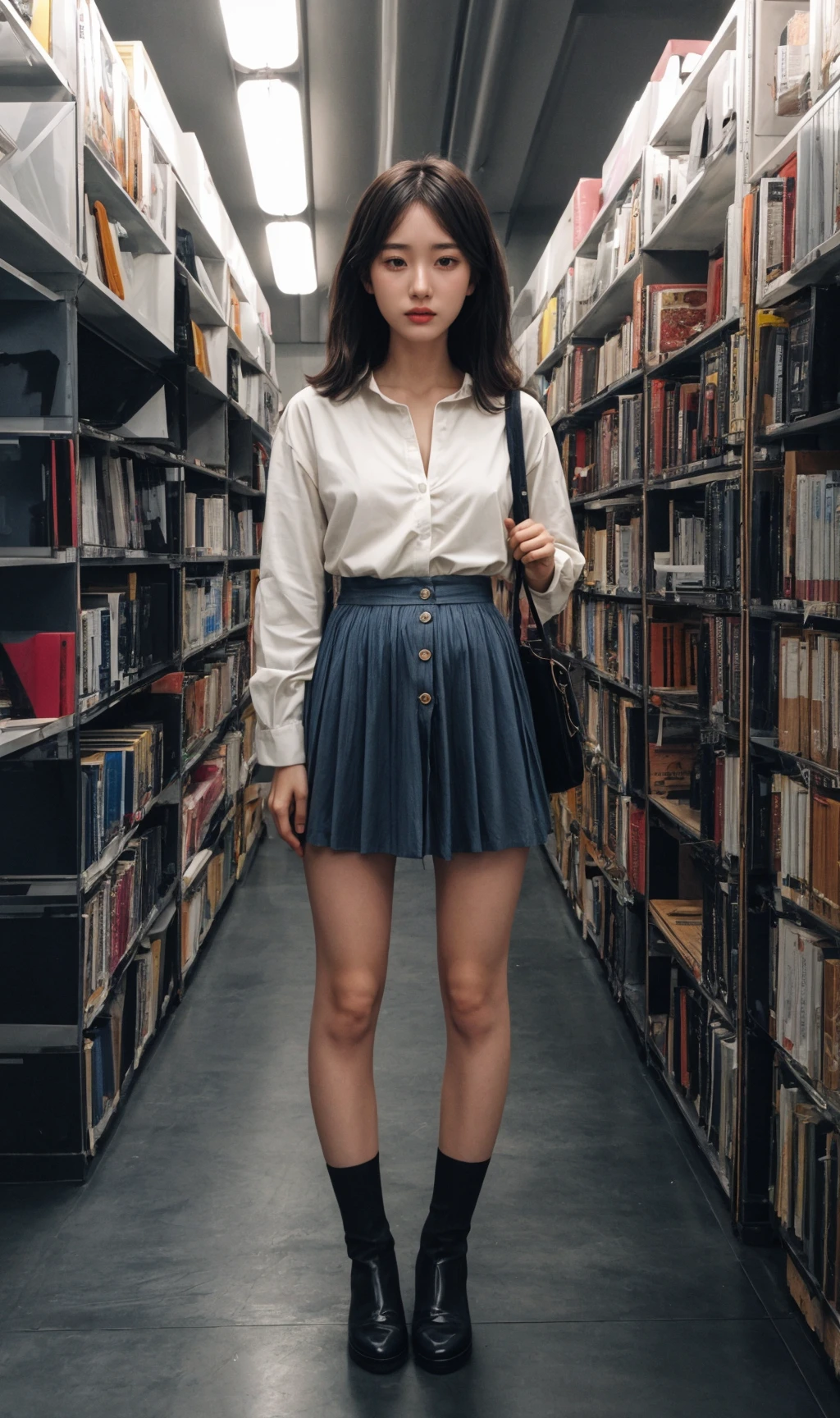 1girl,lib_bg,A-line skirt, button-down shirt, and pumps.,unbuttoned <lora:libbg_v11:1.0>