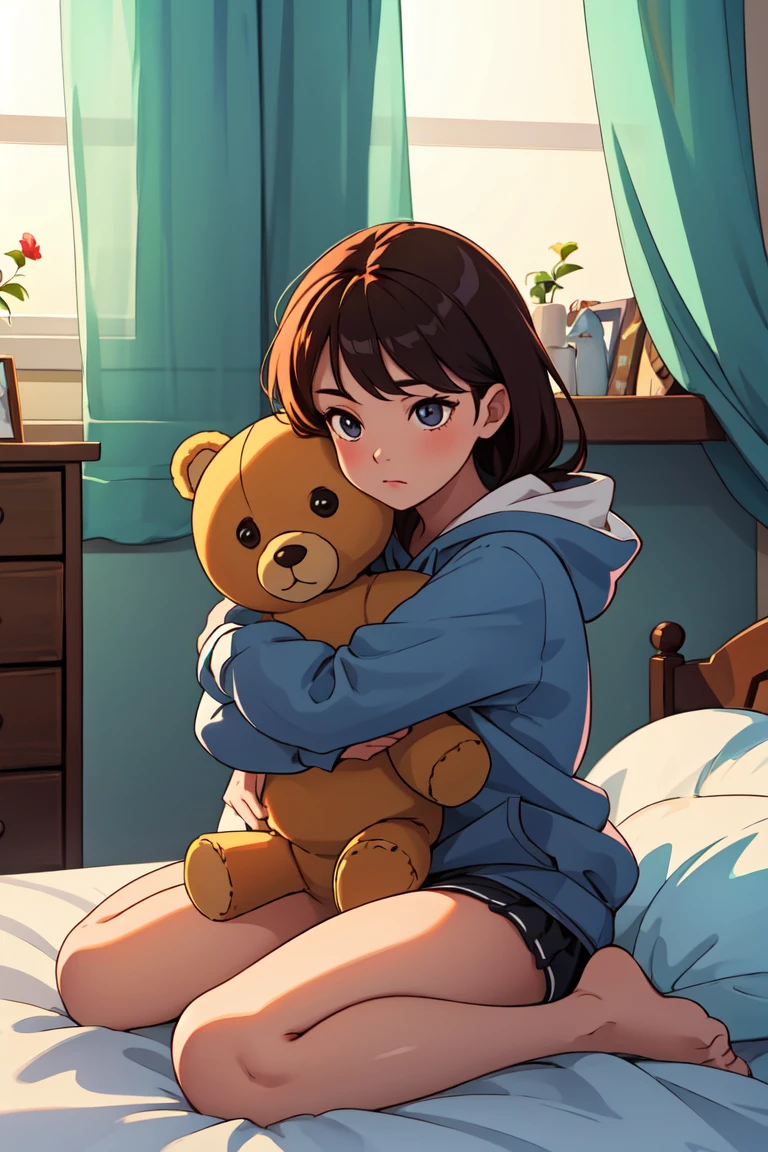 (masterpiece, best quality), 1girl, hugging teddy bear, wariza, in room, sunlight, stuffed toy, hoodie