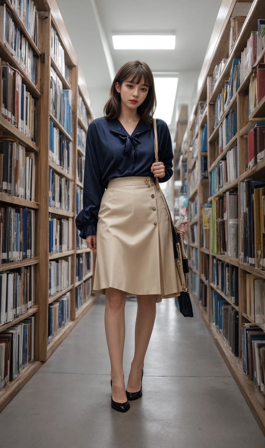 1girl,lib_bg,Pencil skirt, tucked in blouse, and kitten heels.,open clothes <lora:libbg_v11:1.0>