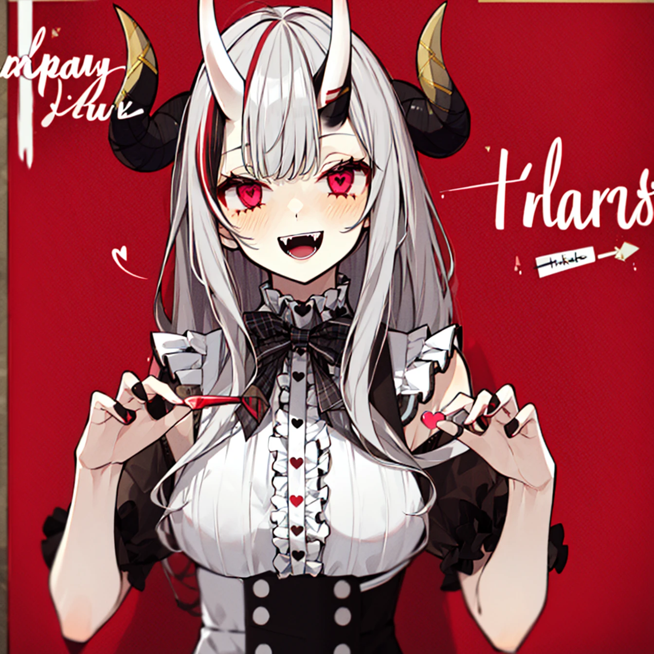 1girl, bangs, birthday, blush, bow, breasts, character_name, checkered, chromatic_aberration, english_text, fangs, frills, hair_bell, hair_ornament, happy_birthday, hat, heart, heart_hands, horns, idol_clothes, long_hair, looking_at_viewer, milestone_celebration, multicolored_hair, nakiri_ayame, oni_horns, open_mouth, pink_background, plaid, plaid_background, plaid_bow, plaid_ribbon, red_background, red_eyes, red_hair, shirt, silver_hair, smile, solo, streaked_hair, upper_body, virtual_youtuber <lora:style_Akakura:1>