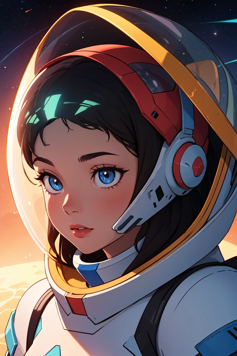 1 woman beautiful outer space helmet mars surface best shadow dramatic lighting vivid color curvature Pascal Blanch ( masterpiece ) (best quality)