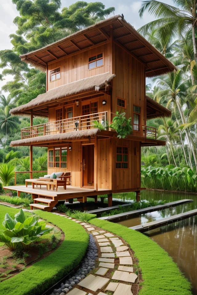 outdoortropicalhouse  little house  on riverside, path wooden, garden, rice field, gold fish, coconut tree, solar panel, dawn, chicken, tomato, tropical, dim light, <lora:ARWOutdoorTropicalHouse:1>