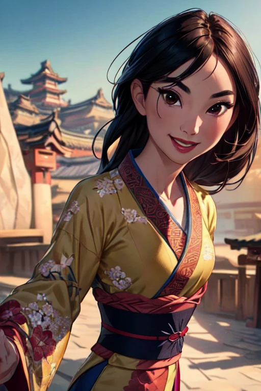 (masterpiece:1.2), (best quality), (ultra detailed), (8k, 4k, intricate),(full-body-shot:1), (highly detailed:1.2),(detailed face:1.2), (detailed background),detailed landscape, (dynamic pose:1.2),<lora:more_details:0.5> <lora:mulan:0.7> mulan, 1girl, solo, long hair, looking at viewer, smile, brown hair, upper body, japanese clothes, kimono, black eyes, sash, obi