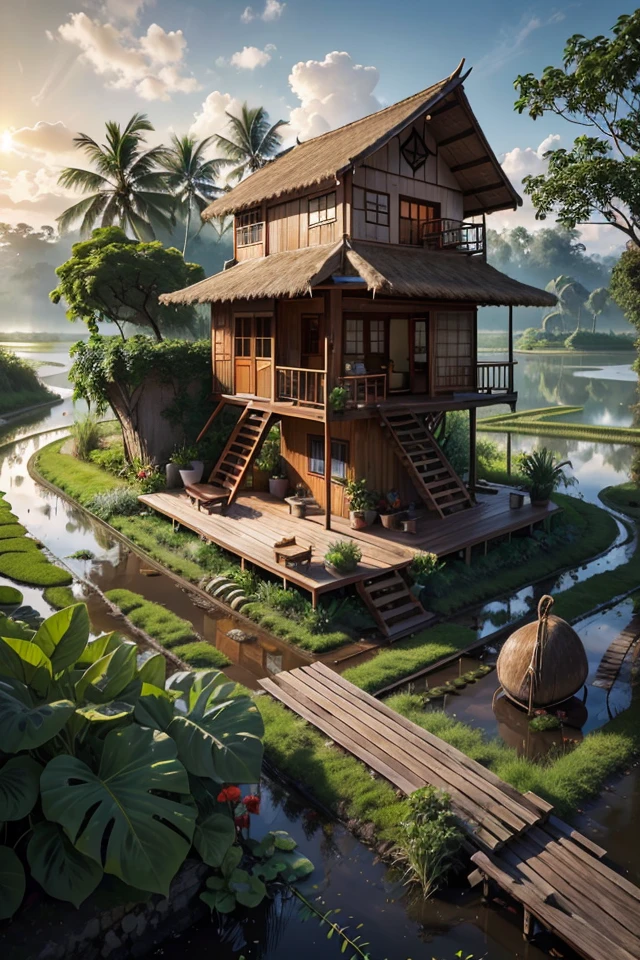 outdoortropicalhouse  little house  on riverside, path wooden, garden, rice field, gold fish, coconut tree, solar panel, dawn, chicken, tomato, tropical, dim light, <lora:ARWOutdoorTropicalHouse:1>