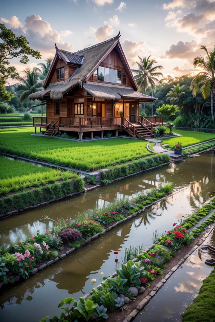 outdoortropicalhouse  little house  on riverside, garden, rice field, gold fish, coconut tree, dawn, chicken, tomato, tropical, dim light, <lora:ARWOutdoorTropicalHouse:1>