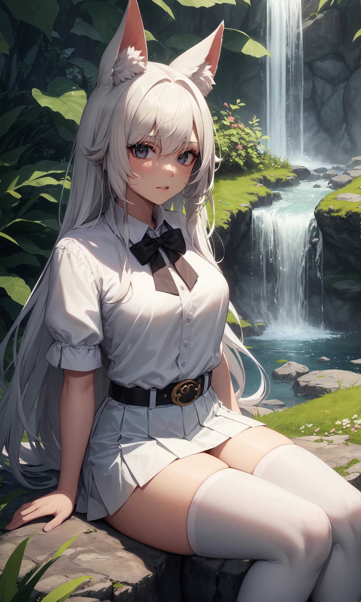 (masterpice, best quality, high quality, highres:1.4), extremely detailed, detailed skin, ambient soft lighting, 4K,
1girl, solo, (upper body, face focus:1.2), sitting on rock, from above,
white hair, long hair, fox ears, curled hair, fox tail, fluffy tail,
black eyes, black irises, long eyelashes, thick eyelashes, looking at viewer,
white shirt, white skirt, belt, ornate clothes, black bowtie, white thighhighs,
thick thighs, skindentation,
outdoors, jungle, nature, forest, trees, grass, detailed grass, tall grass, plants, flowers, rocks, waterfall, water, pond