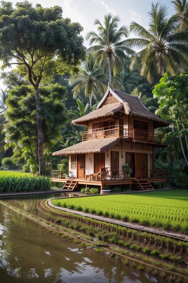 outdoortropicalhouse  little house  on riverside, garden, rice field, gold fish, coconut tree, dawn, chicken, tomato, tropical, dim light, <lora:ARWOutdoorTropicalHouse:1>