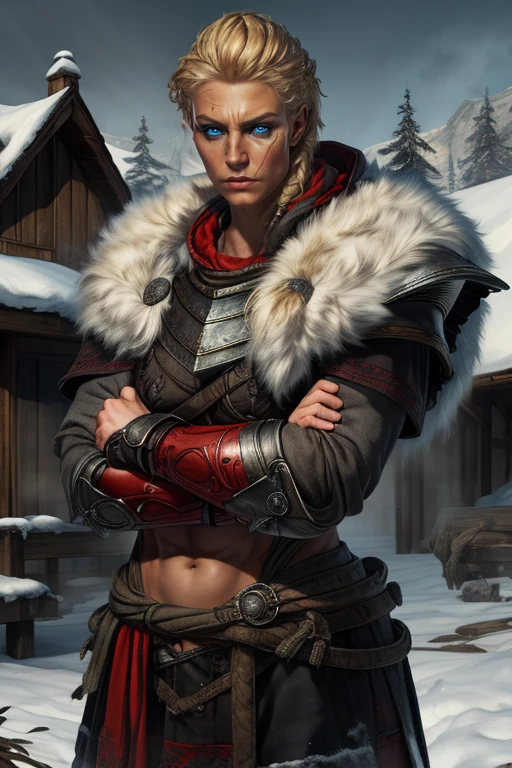 Eivor, scar on face,blonde hair,blue eyes, short hair, standing, crossed arms, upper body,
EivGear,armor ,armor, abs, fur trim,jewelry,boots, pants, hood down,
Nordic room, wooden house, cold weather,
(insanely detailed, beautiful detailed face, masterpiece, beautiful detailed eyes, best quality) <lora:Eivor-10:0.8>