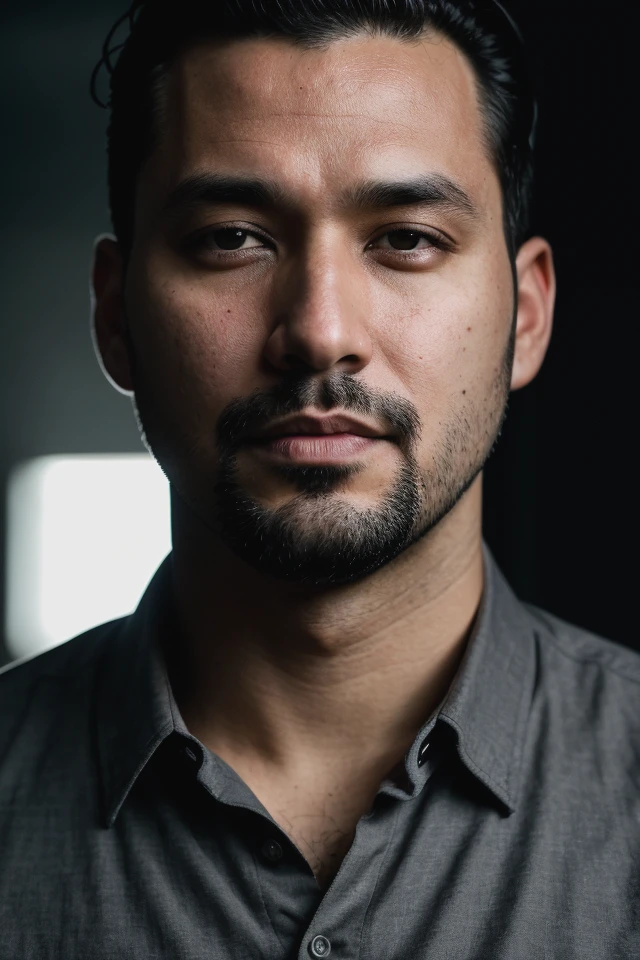 closeup portrait photo of 32 y.o man, wearing gray shirt, shaved beard, black hair, cinematic shot, dramatic lighting