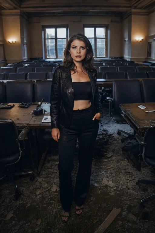 YasminBleeth, 30yo, wide hips, dark eyeliner, dark eyeshadow, high fashion makeup, ((wide shot)),
BREAK,
a photograph by Teo Bee Yen,
outfit and hair styled by Martin Schongauer,
inside a post-apocalyptic ruined city hall, grand staircase, empty offices, overturned council chamber chairs, faded mayoral portraits.,
BREAK
masterpiece, realistic, hyper realistic, high contrast, High Detail, 8k, 4k, raw photo, full sharp, dramatic lighting, hassleblad photography, analog style,big depth of field, cinematic color grading,
<lora:3DMM_V12:0.5> <lora:tangbohu-detailmaker_v2.5:1>, <lora:LowRA:0.5> <lora:YasminBleeth_v01_TigonTX:0.7>