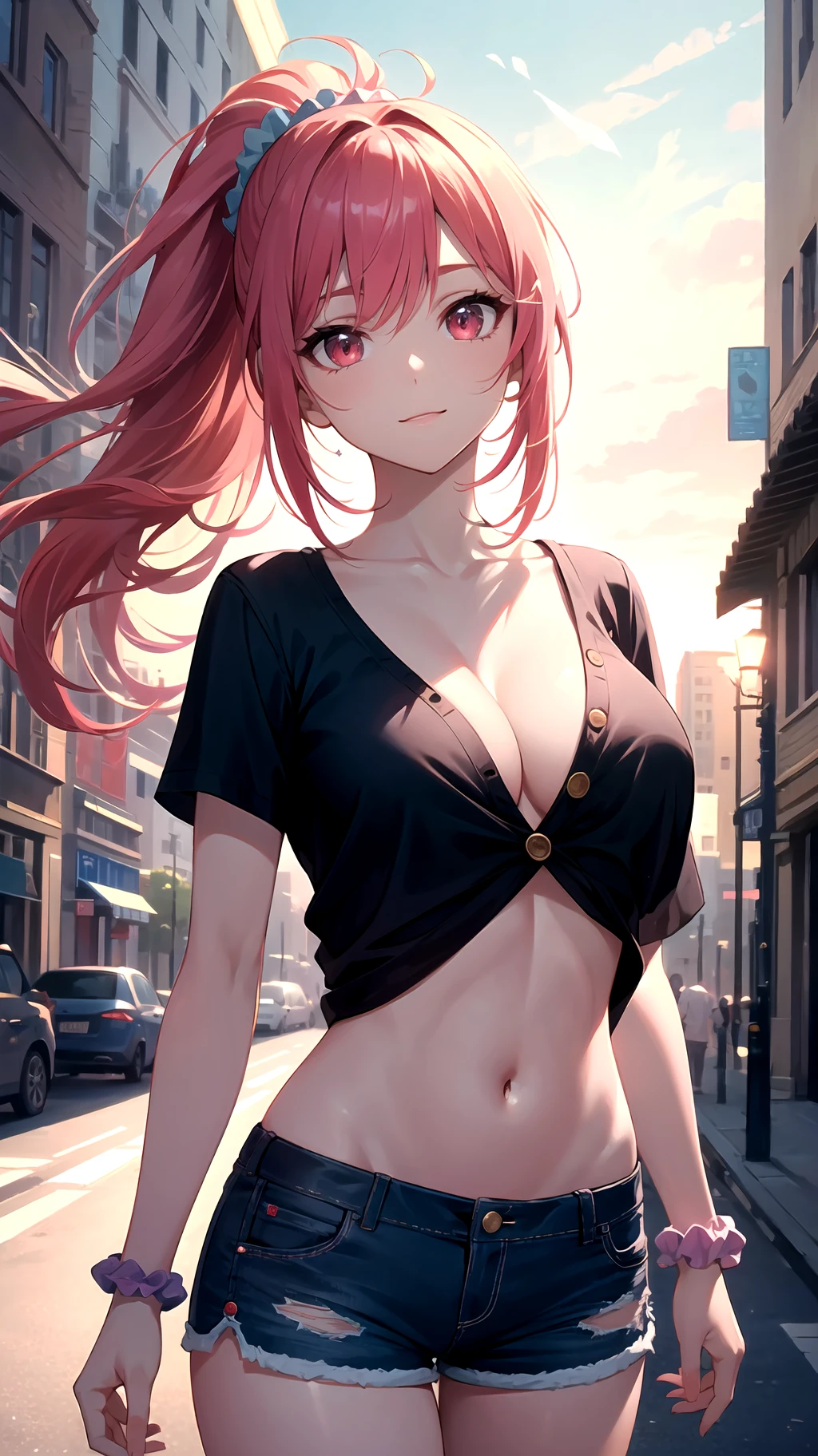 (best quality:1.1), (masterpiece:1.2), high quality shadow, beautiful detailed, (high detailed skin, skin details), (wide_landscape, 8k), beautiful face, detailed eyes, depth of field, dramatic light, best quality, highres, best shadow, best illumination, cowboy shot, looking at viewer, 1girl, long hair, pink hair, ponytail, (messy hair), red eyes, large breasts, scrunchie, hair ornament, head tilt, (smile:0.7), collarbone, black shirt, navel, underboob, (open button shorts:1.2), wind, outdoors, street, building, glowing light, ray tracing, dynamic lighting, beautiful detailed sky, beautiful detailed cloud,