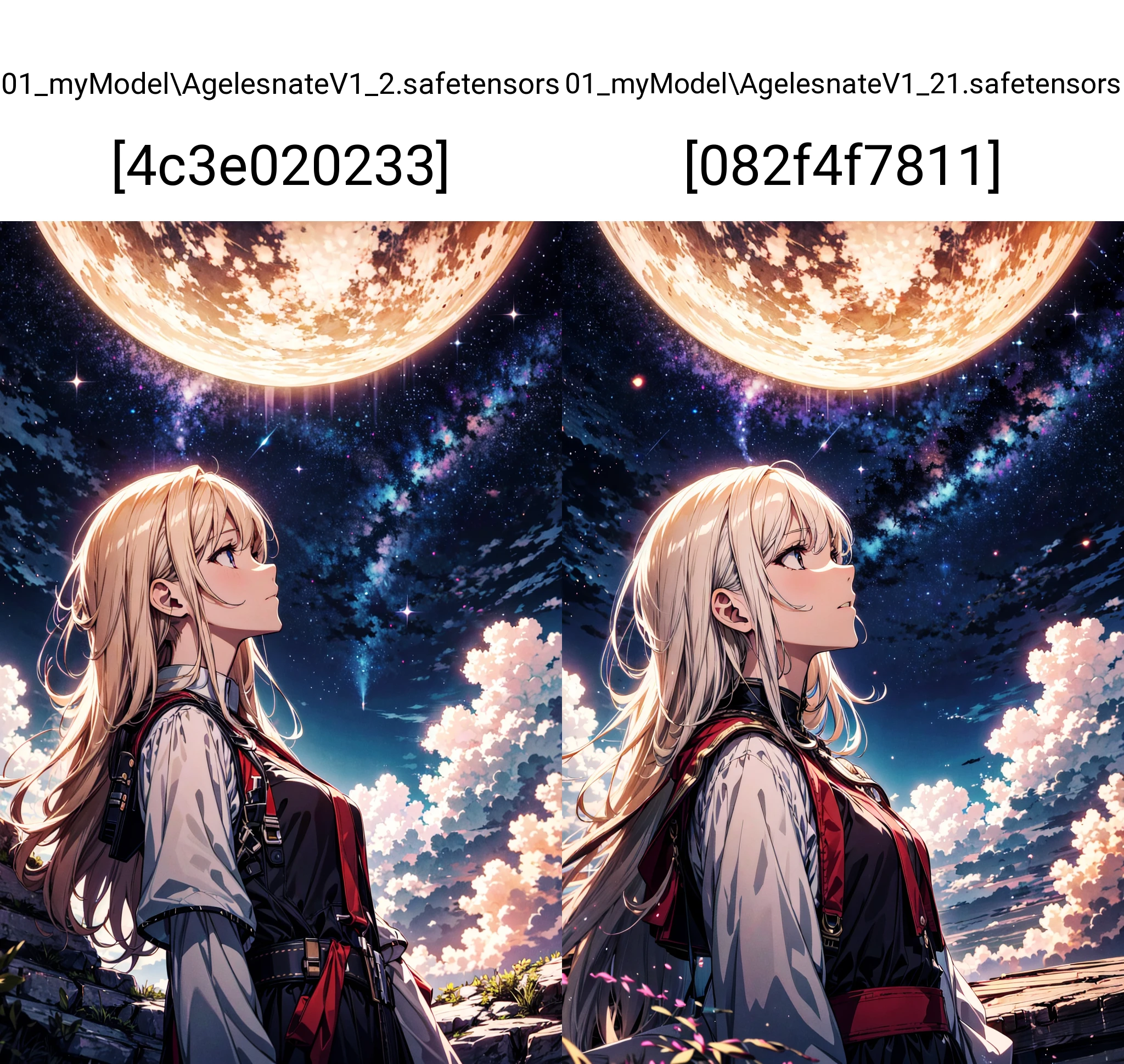 absurdres, highres, (official art, beautiful and aesthetic:1.2), close view,
1girl, shining sky, vast world, gazing, awe-inspiring expression, distant horizon, clouds, high hill, natural beauty, inspiration, night sky, Shining Stars,