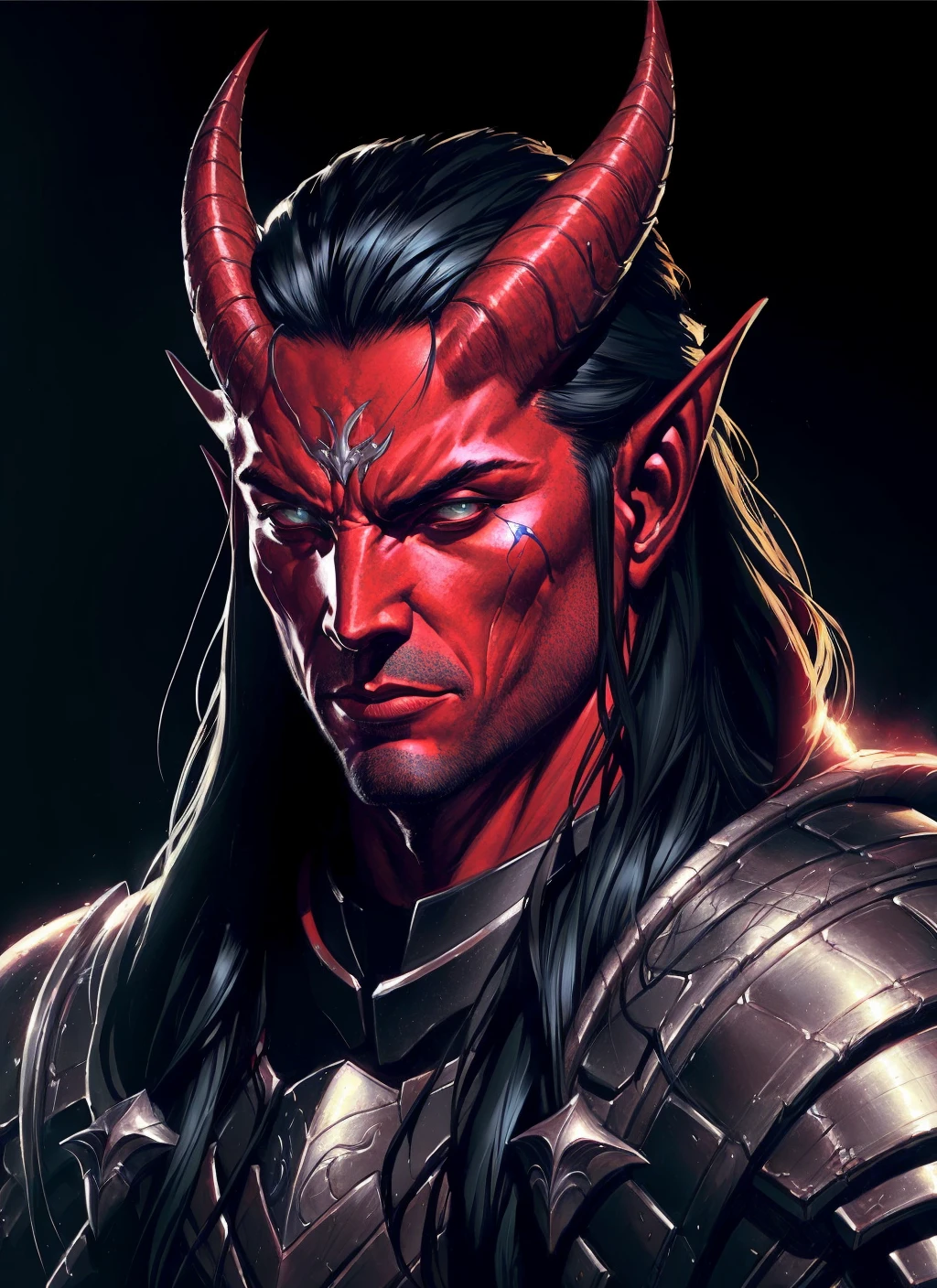 Tiefling, male, horns, male focus, solo, colored skin, red skin, armor, tail, shoulder armor, pauldrons, portrait, closed mouth, black hair, demon, black background, long hair
, ((masterpiece, best quality)), art by greg rutkowski <lora:tiefling_offset:1>
