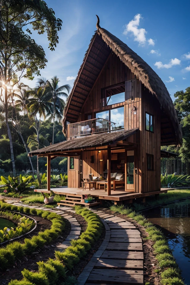 outdoortropicalhouse  little house  on riverside, path wooden, garden, rice field, gold fish, coconut tree, solar panel, dawn, chicken, tomato, tropical, dim light, <lora:ARWOutdoorTropicalHouse:1>