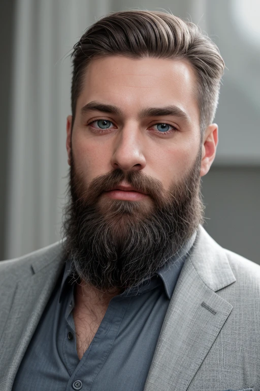 <lora:skinny_new_skin:0.2> <lora:detailed_eye:0.1> RAW photo, portrait of a beautiful man with a beard in a grey suite, full sharp, detailed face, blue eyes, (high detailed skin:1.2), 8k uhd, dslr, soft lighting, high quality, film grain, Fujifilm XT3
