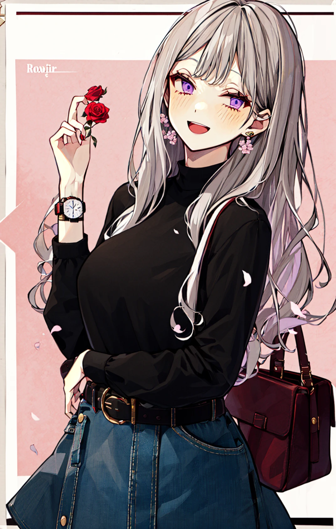 1girl, :d, bag, bangs, belt, black_shirt, blush, border, cherry_blossoms, cowboy_shot, earrings, eyebrows_visible_through_hair, flower, flower_earrings, grey_hair, handbag, jacket, jewelry, long_hair, long_sleeves, looking_at_viewer, open_mouth, petals, purple_eyes, rose, shirt, shoulder_bag, skirt, smile, solo, watch, white_border, wristwatch <lora:style_Akakura:1>
