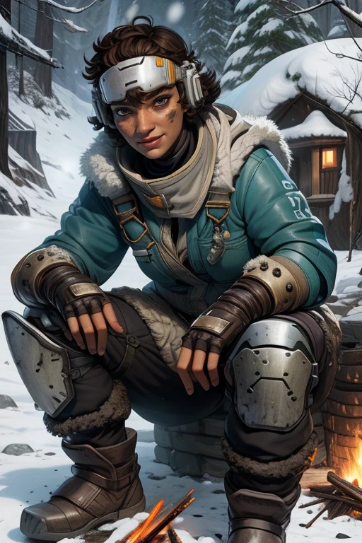 Vantage,brown eyes,brown hair,short hair,    sitting, happy,  face dirt, 
VanGear,fingerless gloves,blue jacket, knee pads ,boots ,armor, 
snow cave, campfire, 
(insanely detailed, beautiful detailed face, masterpiece, beautiful detailed eyes, best quality)  <lora:Vantage-10:0.7>