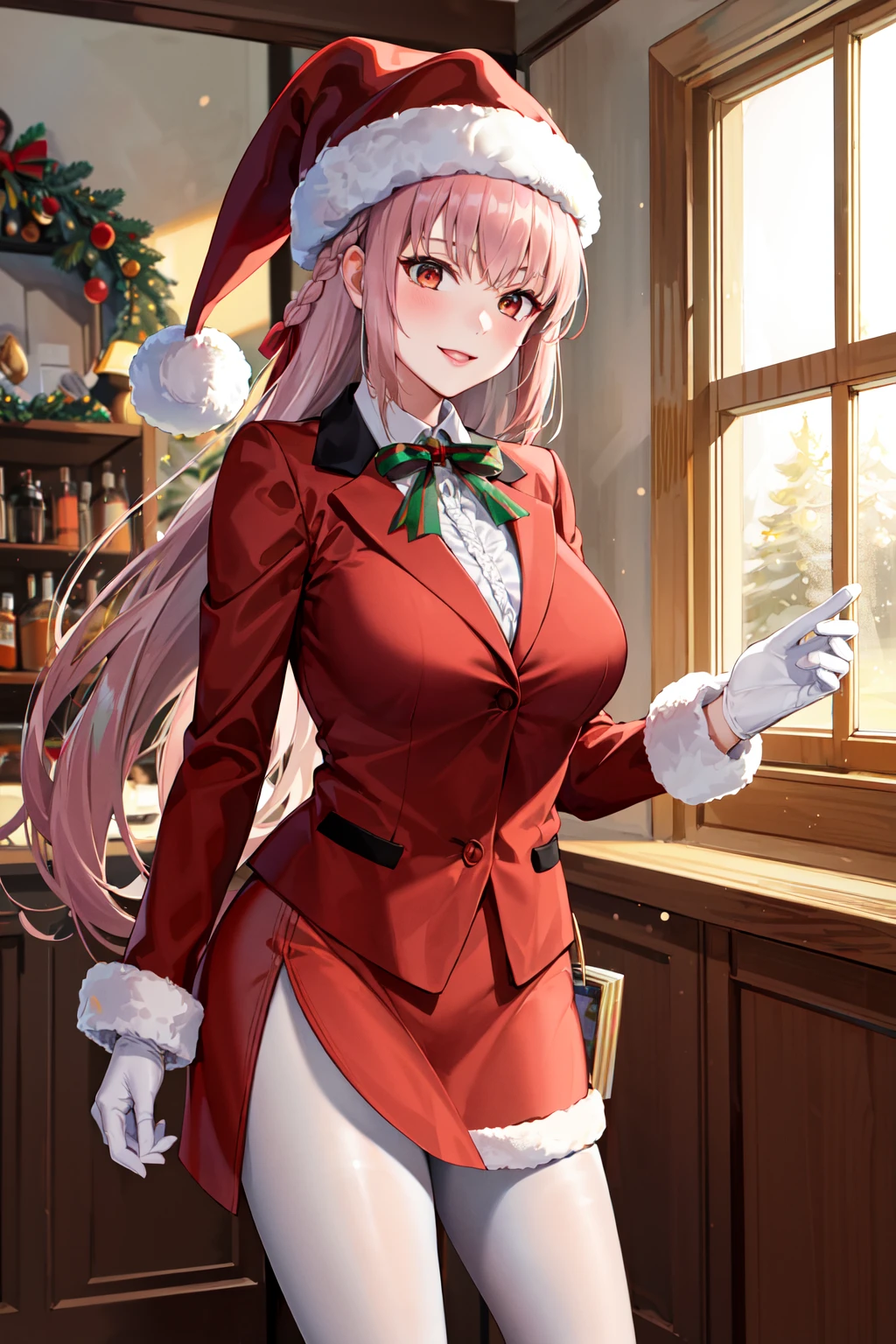 masterpiece, best quality, highres, ddfng, long hair, braid, large breasts, santa hat, red headwear, pantyhose, santa costume, fur trim, white gloves, red skirt, pantyhose, <lora:florence_nightingale_v1:0.7>, standing, cowboy shot, smile, indoors, christmas,