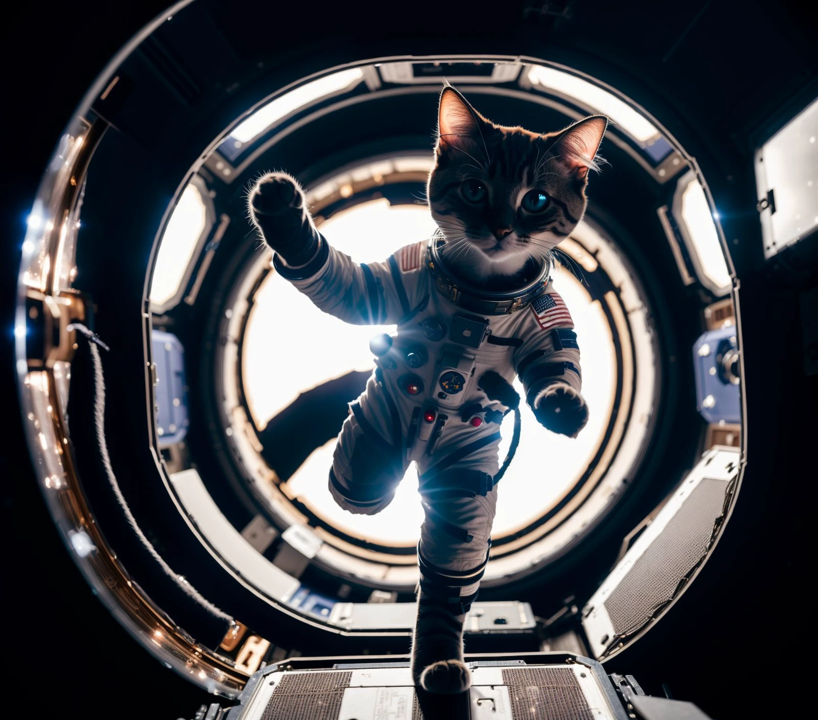 ((photo:1.2)), A cute cat, space suit, dramatic lighting, dynamic pose, dynamic camera,masterpiece, best quality, dark shadows, ((inside space station))