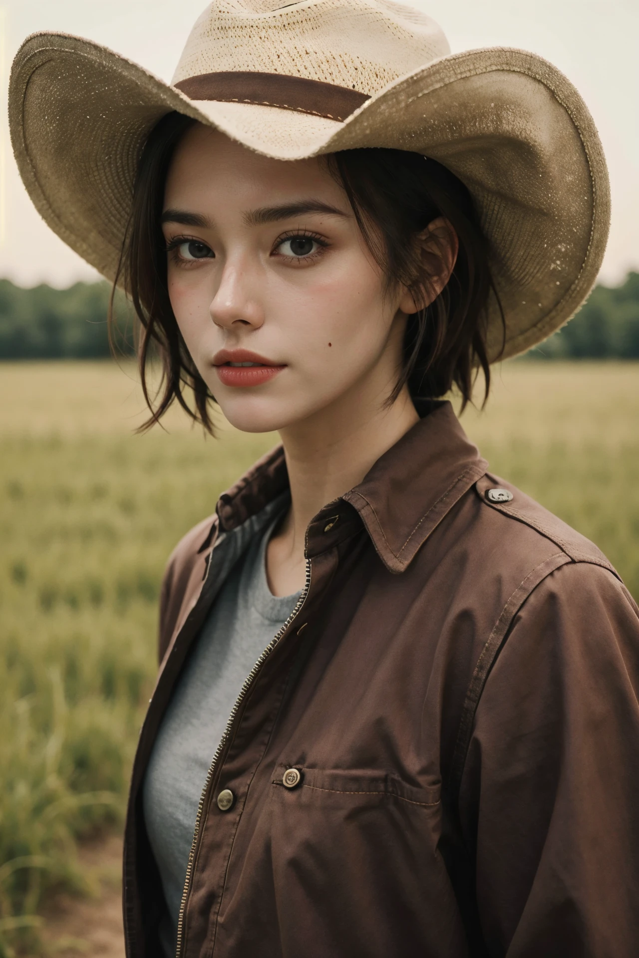 1girl,solo,She's a cowboy,cowboy hat,
prairie background, horse riding,
upper body,close up,
brown_hair,cowboy hat,
straight front face_view,
best quality, highres, absurdres, Photography, sharp focus,