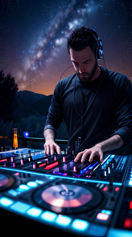 A man djing at night under the stars,abstract dream, space, intricate, grand scale, alone, cinematic film still, insane detail, sharp focus, depth of field, realistic lighting, (realistic perspective), complex, (multiple subjects), 4k HDR,<lora:add_detail:0.5> <lora:more_details:0.25> <lora:FantasyWorldV1:0.25>