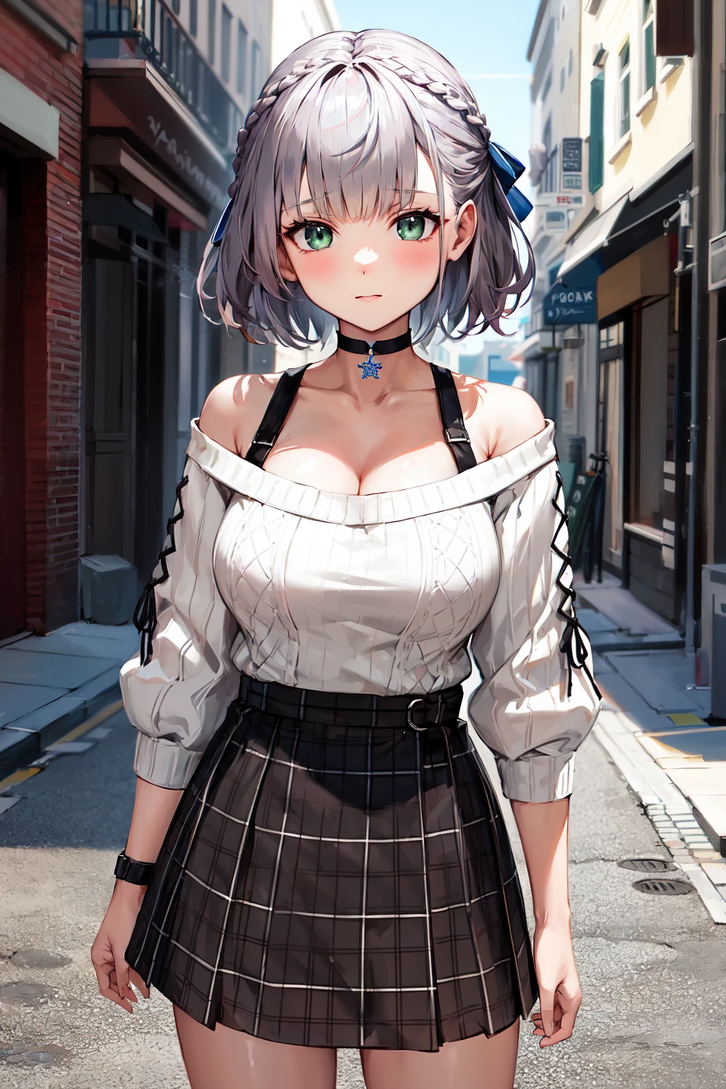 masterpiece, best quality, highres, ccnoel, short hair, french braid, hair ribbon, black choker, collarbone, cleavage, off-shoulder sweater, white sweater, plaid skirt, <lora:shirogane_noel_v1:0.8>, street, cowboy shot, standing,