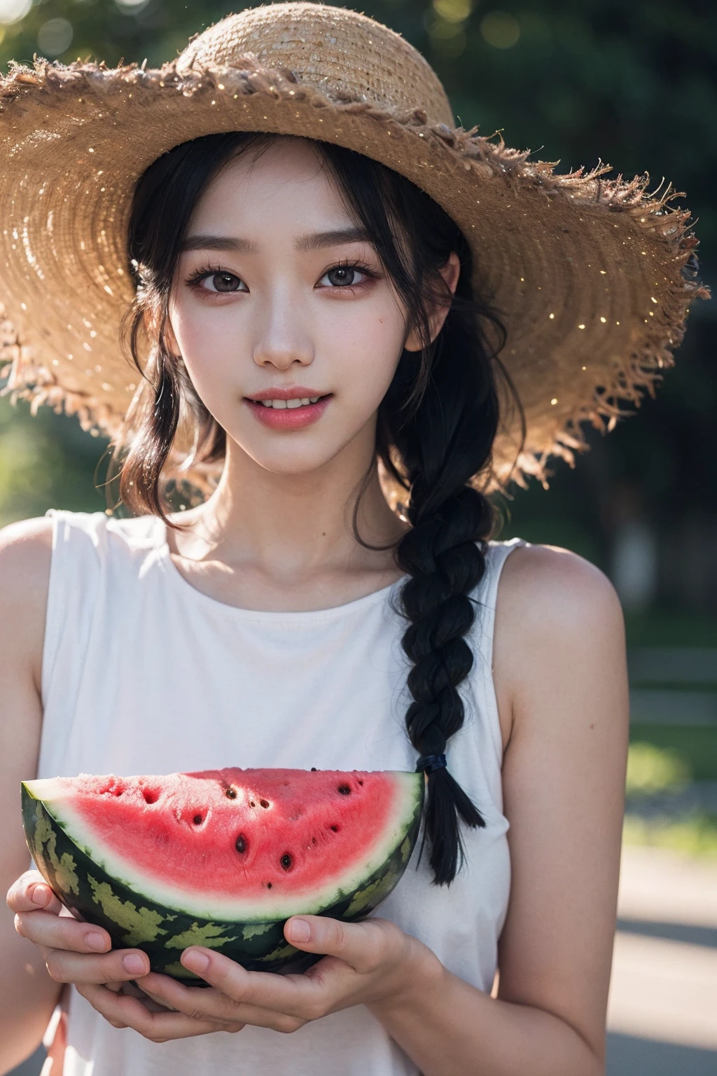 <lora:FaceSizeAdjuster:-1>,1girl,(face focus:1.3),(happy,smile,teeth:1.2),
1girl, (watermelon:1.2), solo, hat, fruit, straw hat, food, striped, braid, holding, twin braids, looking at viewer, overalls, holding food, blurry background, black hair, striped shirt, blurry, holding fruit, upper body, shirt, black eyes, tank top, bangs, twintails, long hair, teeth, realistic, sun hat
black hair,pink_background,sweet atmosphere,love,
(PureErosFace_V1:0.8),(ulzzang-6500:0.3),(red lipstick:0.8),(detailed pupils:1.3),(aegyo sal:1),((puffy eyes)),
(film_grain:1.4),RAW,highres,(1 girl,solo:1.6),(detailed face:1.2),(gorgeous beautiful cute Korean woman:1.3),(kpop idol, korean beauty, korean mixed),(small head),((perfect eyes)),((perfect face)),(details:1.4),(high detailed skin:1.2),
(extremely detailed CG unity 8k wallpaper),photo of the most beautiful artwork in the world,trending on ArtStation,trending on CGSociety,Intricate,High Detail,Sharp focus,dramatic,
volumetric lighting,rim lighting,two tone lighting,cinematiclighting,rim lighting,light particles,sunlight,