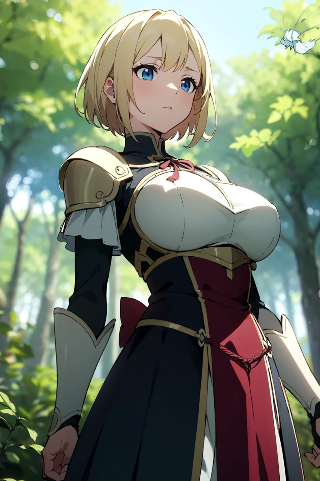 masterpiece, best quality, anime screencap, gigantic breasts,
short hair, blonde hair, blue eyes, dress, breastplate, ribbon, bursting breasts, standing,
outdoors, forest, blurry background, from below,