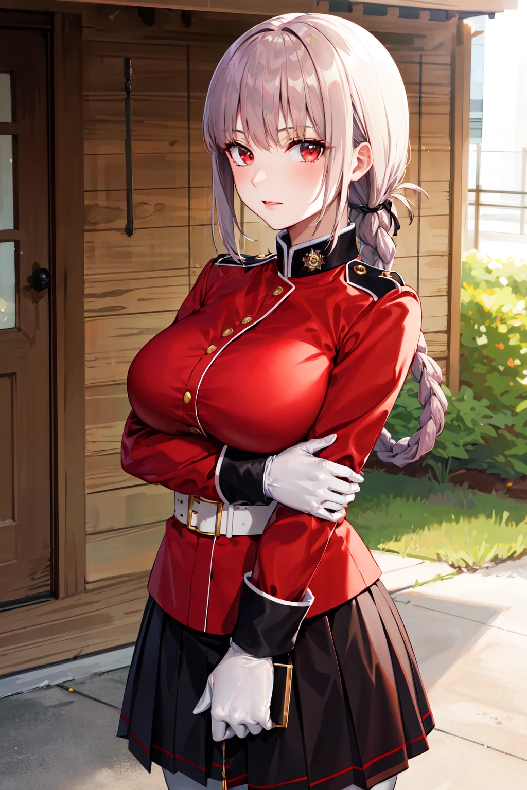 masterpiece, best quality, highres, aafng, braid, large breasts, military uniform, red jacket, strap between breasts, white gloves, belt, pleated skirt, black skirt, white pantyhose, <lora:florence_nightingale_v1:0.7>, cowboy shot, standing, outdoors, looking at viewer, arms at sides, straight-on,