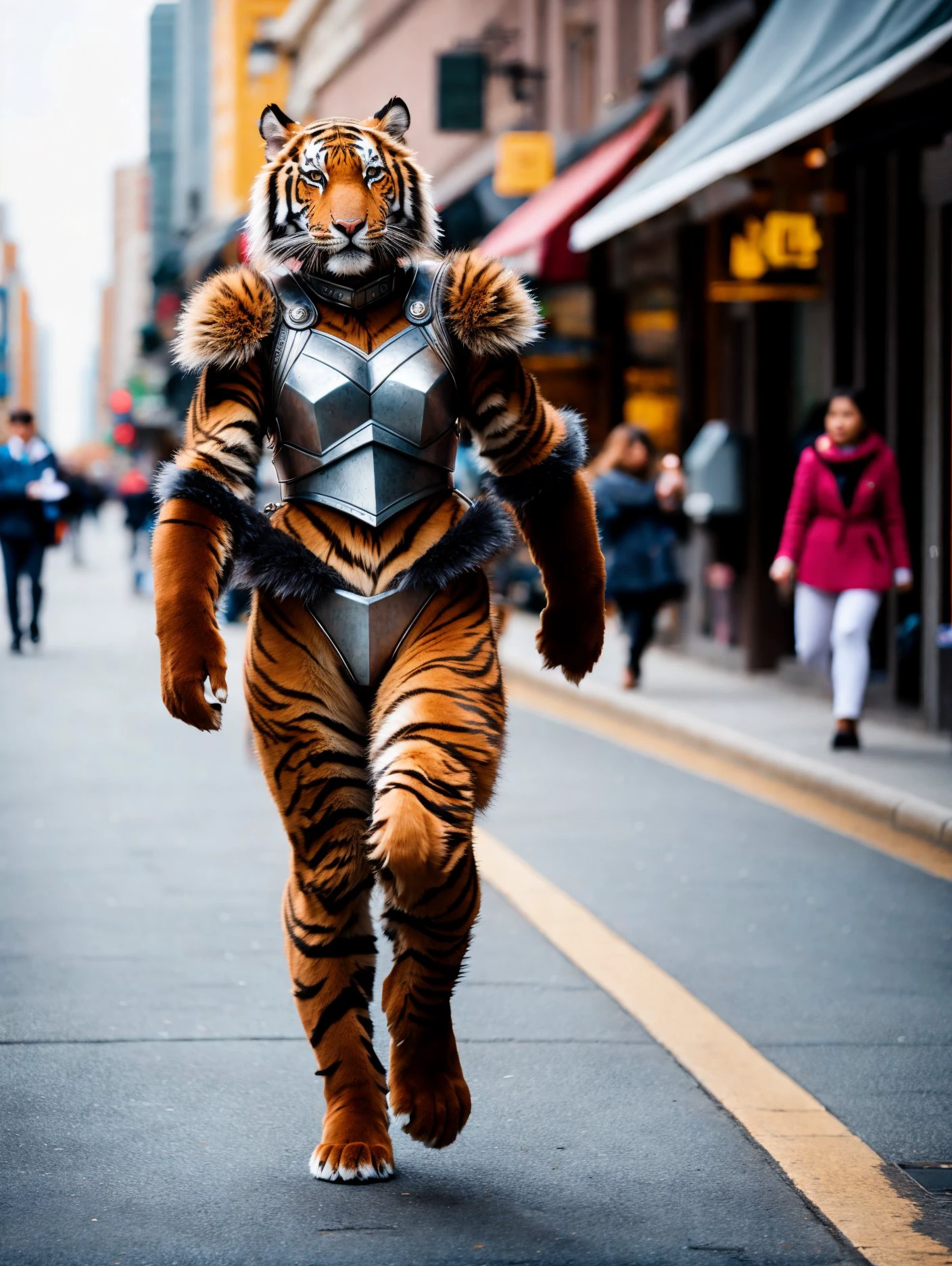 epic photograph, Hasselblad, Nikon d3300, young_tiger_woman, anthro, furry, Strolling pose, Nikon d850, Motion blur, Canon RF, city, armor